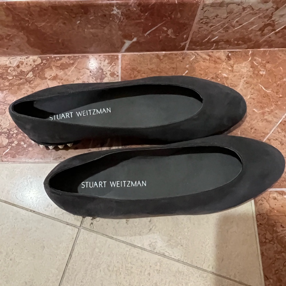 WORN ONCE. Stuart Weitzman Suede Flats with pearl detailing on heel